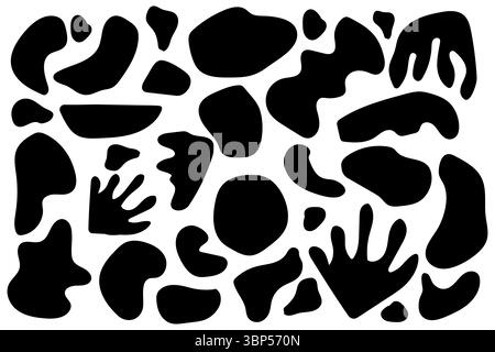 Ensemble de formes organiques abstraites. Taches noires organiques de forme irrégulière. Figurines d'art optique. Objets aléatoires. Illustration de Vecteur