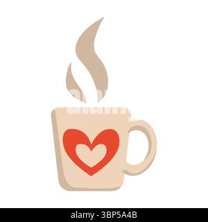 Illustration vectorielle de boisson chaude avec de la vapeur. Tasse légère plate avec coeur isolé sur fond blanc Illustration de Vecteur