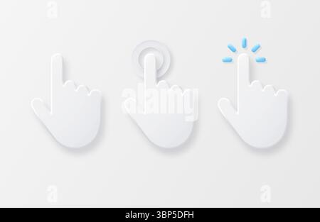 Ensemble d'icônes élégantes de la main appuyant sur un bouton ou pointant avec l'index. Geste sur l'écran tactile. Illustration vectorielle 3D. Illustration de Vecteur