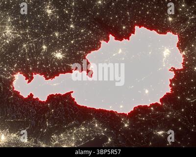L'Autriche est mise en évidence avec des frontières rouges brillantes sur une carte de nuit avec des lumières de la ville. Éléments de cette image fournis par l'ESA. Banque D'Images