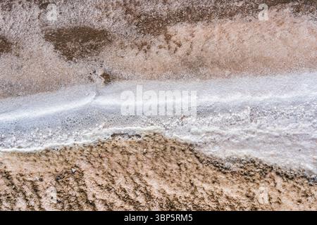 Formations de croûte de sel le long du bord de la lagune de sel rose dans la réserve nationale de Paracas, Pérou. Fond de texture de motif abstrait et naturel. Banque D'Images