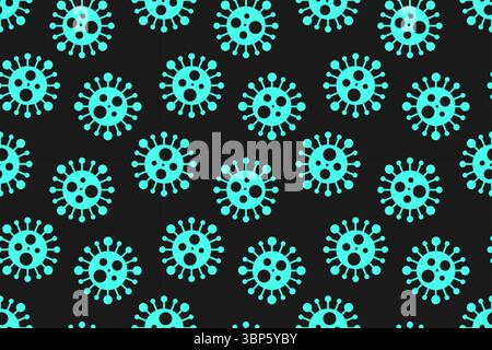 Motif de virus sans couture de dessin animé. Fond de danger noir et turquoise pandémique avec des symboles abstraits de bactéries médicales. Illustration vectorielle pour tissu Illustration de Vecteur
