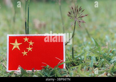 Drapeau chinois brodé écologique placé sur l'herbe verte avec des fleurs sauvages. Jour de la terre, concept de calme naturel. Espace pour le texte sur la droite. Banque D'Images