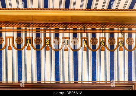 Un système d'appel historique pour les serviteurs avec des affichages numérotés (1-6) et des éléments décoratifs peut être vu ici. Il était autrefois utilisé pour appeler le personnel dans certaines chambres. Ce système peut être trouvé dans le Musée Napoléon Thurgau au château Arenenberg à Salenstein, Thurgau, Suisse Banque D'Images