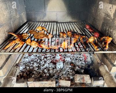Assortiment de viandes grésillant sur un gril à charbon de bois au-dessus de braises incandescentes. Banque D'Images