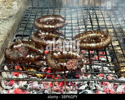 Saucisses au pudding noir grésillant sur un gril au charbon de bois au-dessus de charbons incandescents. Banque D'Images