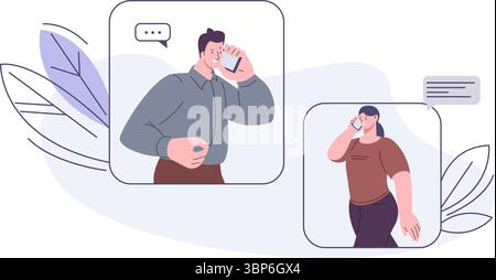 Communication numérique. Conversation mobile, parler avec petit ami ou femme. Les gens parlent sur smartphone, dialogue, flirter, scène vectorielle de messages Illustration de Vecteur