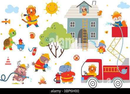 Animaux pompiers. Les pompiers animaux drôles éteignent la flamme et sauvent les personnages de la maison brûlante. Camion de pompier, maison d'arrosage du tuyau d'urgence Illustration de Vecteur