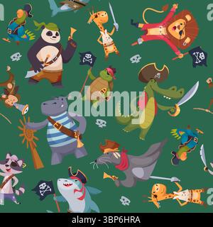 Motif pirates. fond transparent avec des animaux pirates de bande dessinée Illustration de Vecteur