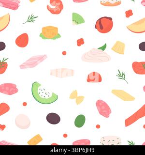 Coupez les ingrédients alimentaires sans couture. Tranche de saumon, caviar, fromage et confiture, fruits, mozzarella, mortadelle, concombre et olive. Imprimer la conception vectorielle Illustration de Vecteur