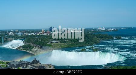 Vue panoramique aérienne des chutes du Niagara avec arc-en-ciel et espace copie, regardant du Canada près des chutes Horseshoe à Buffalo, NY et les chutes américaines. Banque D'Images