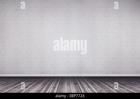 L'intérieur de la chambre vacante montre un design plat avec du papier peint blanc pâle moulant des sols sombres Banque D'Images