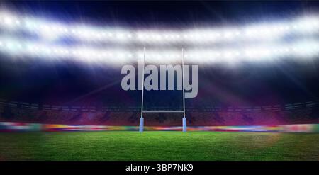Les poteaux de but de rugby sont debout sur du gazon vert sous des projecteurs dans un design plat avec rembourrage bleu Banque D'Images