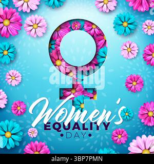 Conception de bannière de jour de l'égalité des femmes avec fleur colorée en symbole de femme et lettrage de typographie sur fond bleu. Août 26 National Feminine Illustration de Vecteur