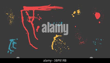 Peindre ensemble éclaboussures colorées. Vaporisez les éléments de ruissellement dessinés à la main. Éclaboussures texturées au pinceau grunge. Les rues urbaines griffonnent, tombent des gouttes isolat Illustration de Vecteur