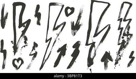 Ensemble graffiti dessiné par éclair. Peinture au pistolet à la main tonneaux dessinés à la main, flèches et éléments de cœur isolés sur fond blanc. Shap texturé de brosse grunge Illustration de Vecteur