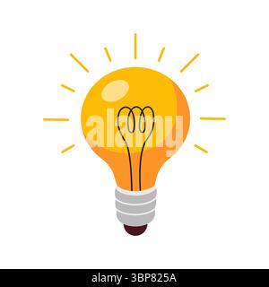 Ampoule allumée entourée de rayons lumineux. Énergie de flamme dans une ampoule. Idée, éducation, concept de connaissance. Illustration de Vecteur