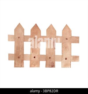 En bois, clôture faite avec pointue au sommet. Haie rustique, jardin. Illustration d'aquarelle de style vintage dessinée à la main, objet isolé. Pour carte de vœux Illustration de Vecteur