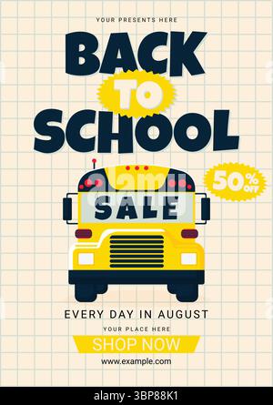 Affiche de vente de retour à l'école avec illustration vectorielle plate de bus scolaire. Illustration de Vecteur