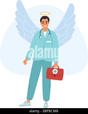 Docteur masculin en costume d'ange avec halo doré sur la tête. Gardien angélique. Sauvetage médical. Médecin avec sac de secours et ailes en plumes. Médecin d'urgence Illustration de Vecteur