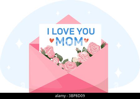 Lettre d'amour en enveloppe ouverte avec des roses pour la Saint-Valentin ou la fête des mères. Cadeau de fête. Courrier romantique. Message postal. Fleurs postcar Illustration de Vecteur