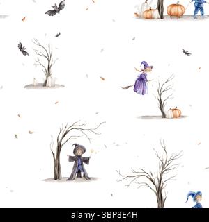 Modèle sans couture d'Halloween avec illustration d'aquarelle avec assistant avec une baguette magique. Dessin d'arbres d'automne sans feuilles et sorcière avec sur un Banque D'Images