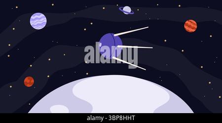 Un satellite spatial artificiel vole dans l'espace ouvert autour de la planète. Orbite terrestre parmi les étoiles et les planètes. Vol soviétique Spoutnik. Vaisseau spatial d'exploration cosmos Illustration de Vecteur