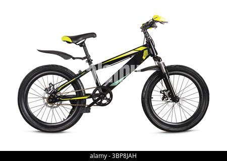 Nourriture, vue latérale d'un vélo de montagne élégant avec des accents jaunes vibrants sur un fond blanc Banque D'Images