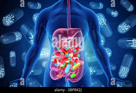 Les médicaments affectent le système digestif humain. corps humain et système numérique avec medcines. illustration 3d. Banque D'Images