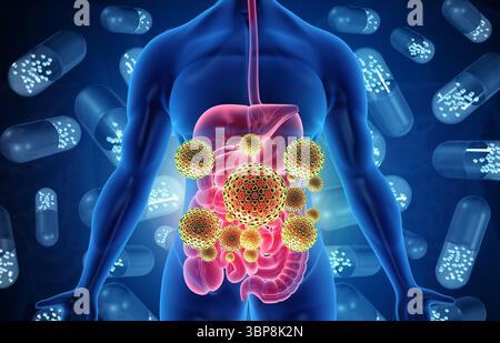 L'appareil digestif humain infecté par des virus et des bactéries. Corps humain et système digestif avec virus. illustration 3d. Banque D'Images