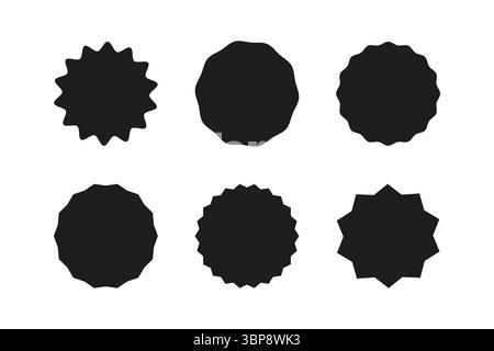 Badges noirs ronds. Ensemble d'autocollants de cercle. Symbole promo bord ondulé. Étiquettes en forme d'éclat d'étoile pour le prix. Modèles de vente vierges. Icône de silhouette simple. Plat Illustration de Vecteur
