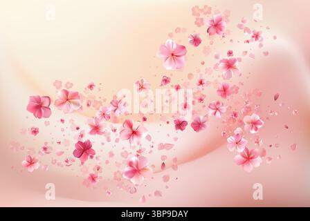 Délicates fleurs de sakura rose clair coulent. Tourbillons du vent Illustration de Vecteur