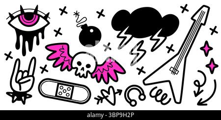 Collection de doodle punk rock rose noir avec oeil fondant, ailes de crâne, nuage de foudre, guitare électrique. Éléments dessinés à la main de style gothique - geste rock, bombe, bandaid, étoiles dispersées autour. Illustration de Vecteur