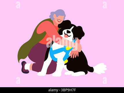 Femme embrassant un grand chien noir et blanc sur un fond rose. Illustration Banque D'Images