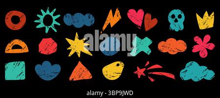 Ensemble de texture de crayon de formes géométriques abstraites, griffonnages dessinés à la main dans un style enfantin, formes de crayon de base, illustration vectorielle Illustration de Vecteur