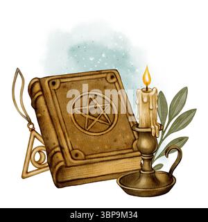 Un grimoire magique avec un pentagramme sur la couverture, une bougie allumée dans un support, un charme de symbole mystique et des feuilles. Idéal pour la fantaisie, la sorcellerie, ou alc Banque D'Images