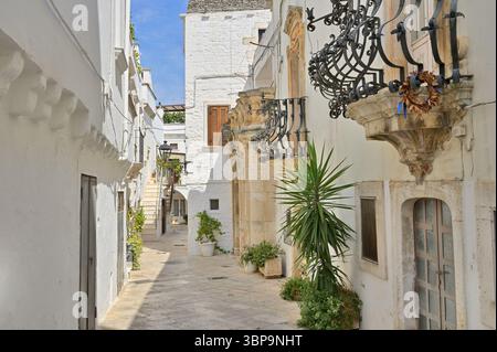 Ruelle étroite avec des maisons anciennes typiques avec des façades lumineuses dans le vieux centre-ville de Locorotondo, Pouilles (Pouilles), Italie. Banque D'Images