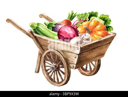 Chariot de brouette de jardin en bois avec des légumes frais. Illustration d'aquarelle dessinée à la main, isolée sur fond blanc Banque D'Images