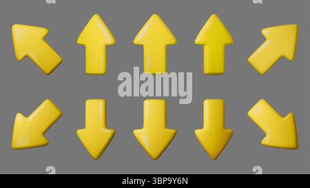 Ensemble de vecteurs de flèche 3D jaune illustrant plusieurs directions. Parfait pour les icônes de navigation, les conceptions infographiques et les éléments d'interface utilisateur. Style moderne et brillant Illustration de Vecteur