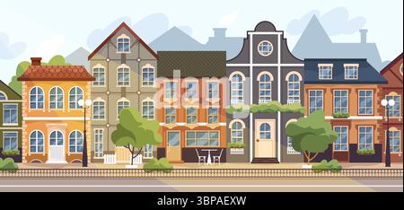 Fond de rue européen. Vector vintage architecture paysage urbain. Décor rétro ou de vieille ville avec bâtiment historique ou façade de maisons. Affiche de ville plate extérieure pour trave et le tourisme. Point de repère européen. Illustration de Vecteur