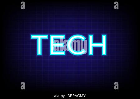 Néon lumineux texte 'TECH' sur un fond de grille numérique sombre, thème de technologie futuriste et moderne, illustration vectorielle Illustration de Vecteur