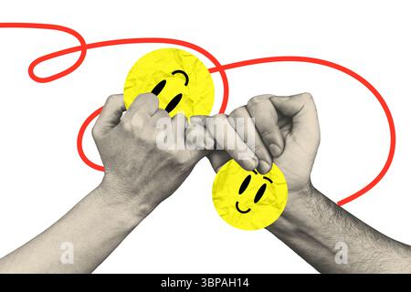 Modèle de croquis composite tendance collage de photos 3D de geste deux mains tiennent ensemble visage pinky icône smiley esquisse sociale dessin animé Banque D'Images