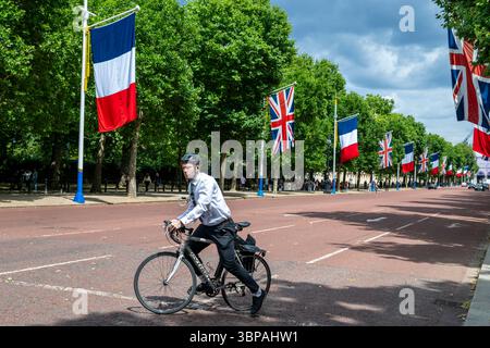 Londres, Royaume-Uni. 7 juillet 2025. Le drapeau français, le drapeau tricolore français, est accroché dans le Mall avant la visite d'État du président français Emmanuel Macron au Royaume-Uni, du 8 au 10 juillet. Exceptionnellement, l'événement principal a lieu à Windsor en raison de la rénovation du palais de Buckingham. Credit : Stephen Chung / Alamy Live News Banque D'Images