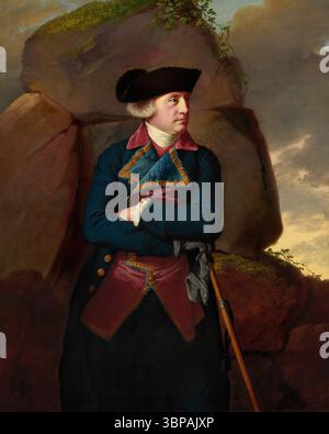 Portrait d'un gentleman, v. 1770–1773, par Joseph Wright de Derby. La peinture représente un homme distingué en tenue du XVIIIe siècle, debout avec confiance contre un paysage rocheux dramatique au coucher du soleil, reflétant la maîtrise de Wright en matière de lumière, d’atmosphère et de portraits. Banque D'Images