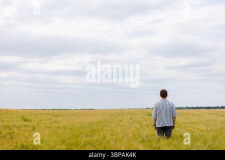 Une figure contemplative se dresse au milieu d'un champ doré sous de vastes nuages, évoquant un sentiment de paix et de liberté au cœur de la richesse de la nature Banque D'Images
