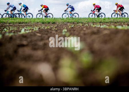 Dunkerque, France. 07 juillet 2025. Le peloton de coureurs mis en scène lors de la troisième étape du Tour de France cycliste 2025, de Valenciennes à Dunkerque (178 km) le lundi 07 juillet 2025 en France. La 112ème édition du Tour de France débute le samedi 5 juillet à Lille, France, et se terminera à Paris, France, le 27 juillet. BELGA PHOTO JASPER JACOBS crédit : Belga News Agency/Alamy Live News Banque D'Images