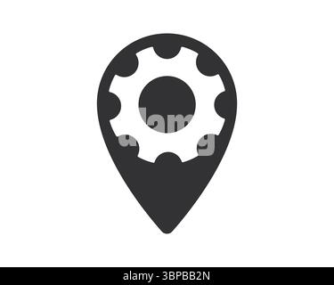 Broche de positionnement stylisée avec une roue dentée à l'intérieur, symbolisant l'emplacement du service technique. Idéal pour les cartes, les applications, la mécanique, la réparation et les thèmes d'ingénierie. Illustration de Vecteur