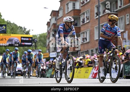 Dunkerque, France. 07 juillet 2025. Belge Remco Evenepoel de Soudal Quick-Step photographié après la troisième étape du Tour de France 2025 à vélo, de Valenciennes à Dunkerque (178 km) le lundi 07 juillet 2025 en France. La 112ème édition du Tour de France débute le samedi 5 juillet à Lille, France, et se terminera à Paris, France, le 27 juillet. BELGA PHOTO JASPER JACOBS crédit : Belga News Agency/Alamy Live News Banque D'Images