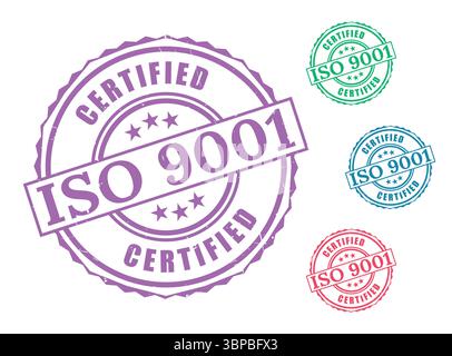 Pack de timbres d'assurance qualité certifiés, icônes d'étiquette ISO 9001 Illustration de Vecteur
