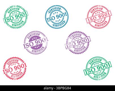 Collection de timbres Grunge certifiés ISO 9001, badges de gestion de la qualité Illustration de Vecteur
